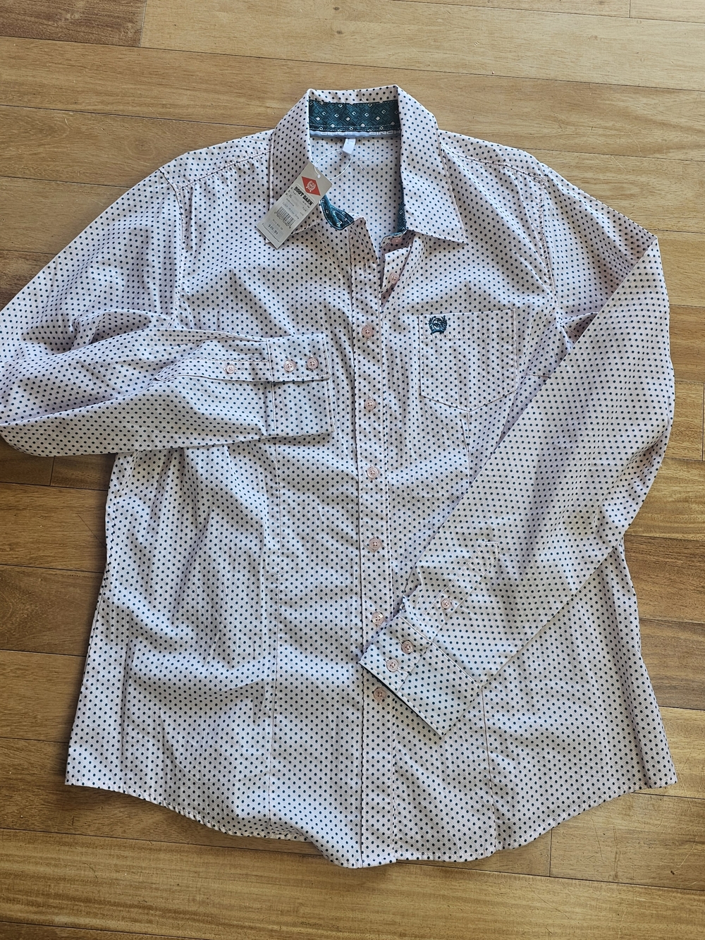 Cinch Button-Down Shirt Womens XL pink With Green Polka Dots Western Rodeo NWT